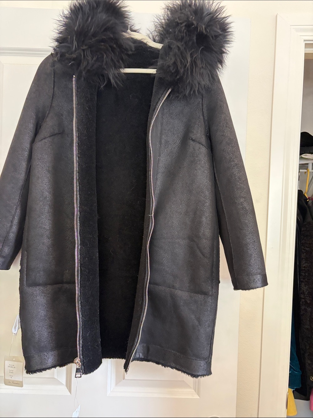 Black Faux-Shearling Hooded Coat